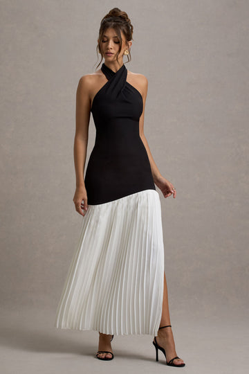 Khai Black & White Halter-Neck Maxi Dress With Plisse Skirt